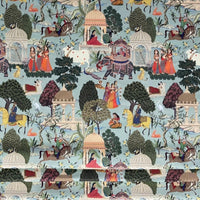 Thumbnail for Regal Indian Tales: Cotton Fabric Inspired by Maharajahs' Era with Elephants & Horse Pattern in Duck Egg
