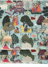 Thumbnail for Regal Indian Tales: Cotton Fabric Inspired by Maharajahs' Era with Elephants & Horse Pattern in Duck Egg