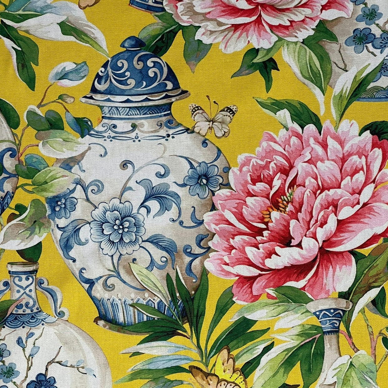 Yellow Cotton Fabric by Meter / Botanical Floral Pattern Jardin / Asian Oriental Vase