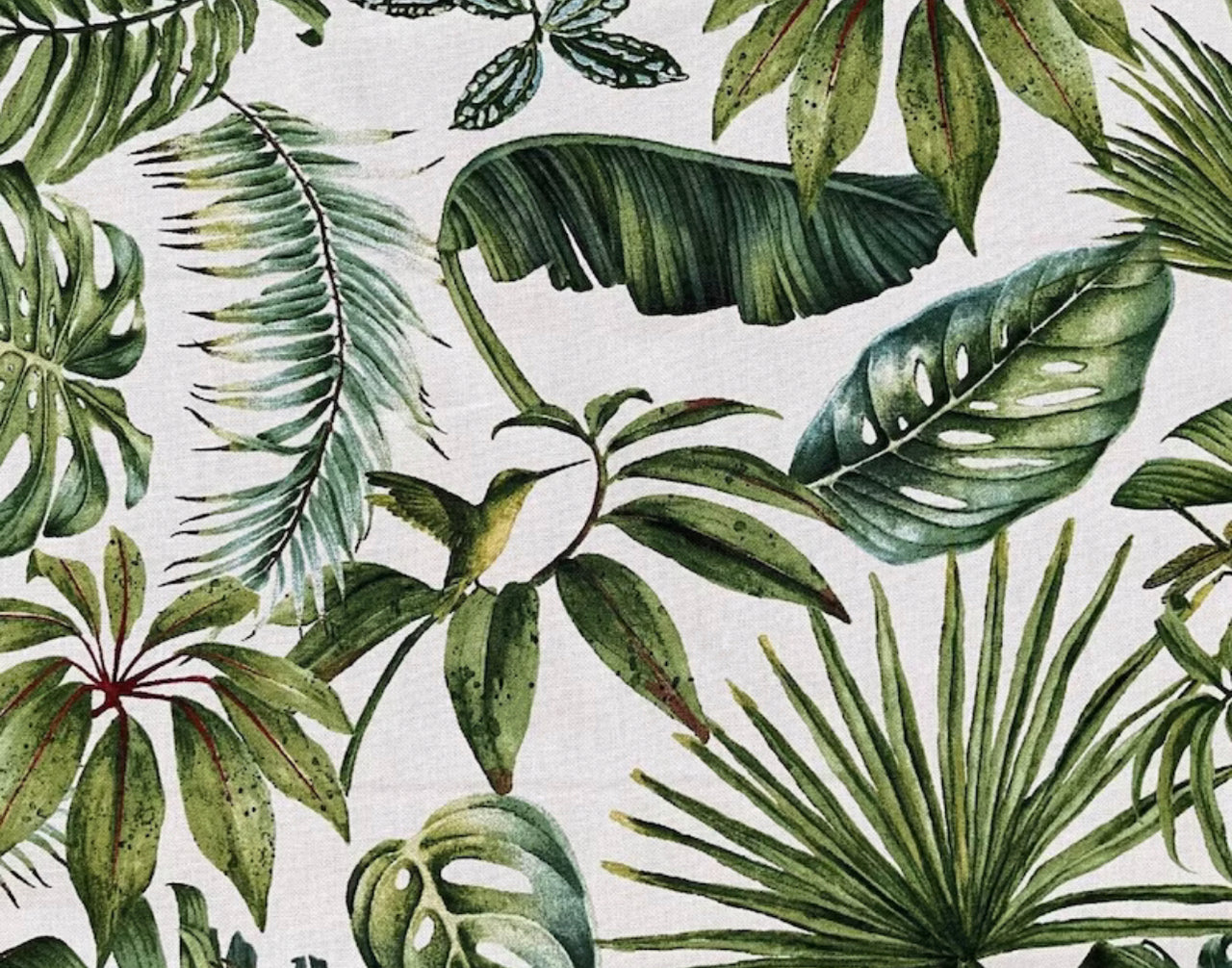 Tropical Garden Cotton Fabric / Botanical Leaves Pattern with Frog, Hummingbird, Dragonfly, Insect Accents