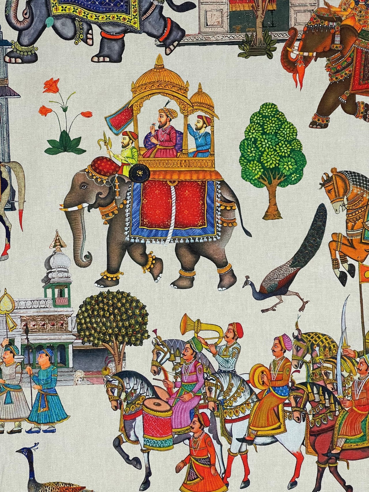 White Cotton Fabric with Elephants & Palms / Pattern Palatial Jaipur Dreams