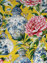 Thumbnail for Yellow Cotton Fabric by Meter / Botanical Floral Pattern Jardin / Asian Oriental Vase