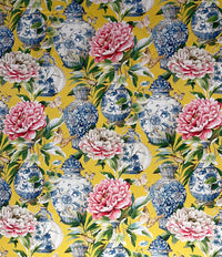 Thumbnail for Yellow Cotton Fabric by Meter / Botanical Floral Pattern Jardin / Asian Oriental Vase