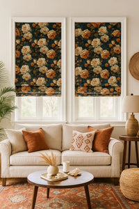 Thumbnail for Amber rose patterned fabric on teal cotton – designed for Roman blinds, statement cushions, or vintage-style curtains