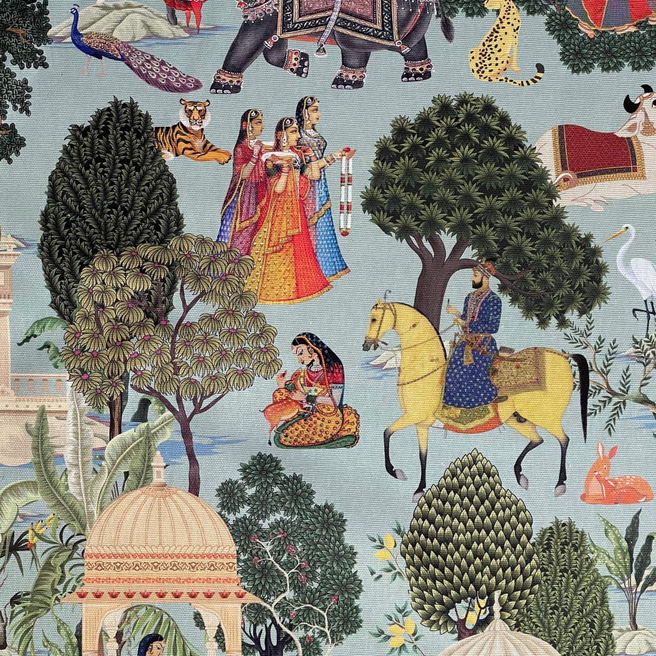 Regal Indian Tales: Cotton Fabric Inspired by Maharajahs' Era with Elephants & Horse Pattern in Duck Egg