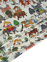 Thumbnail for White Cotton Fabric with Elephants & Palms / Pattern Palatial Jaipur Dreams