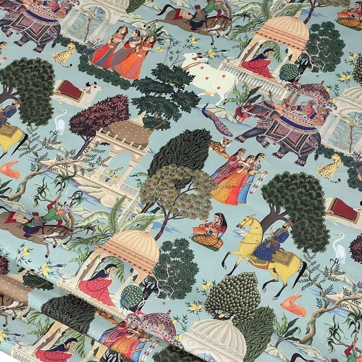 Regal Indian Tales: Cotton Fabric Inspired by Maharajahs' Era with Elephants & Horse Pattern in Duck Egg