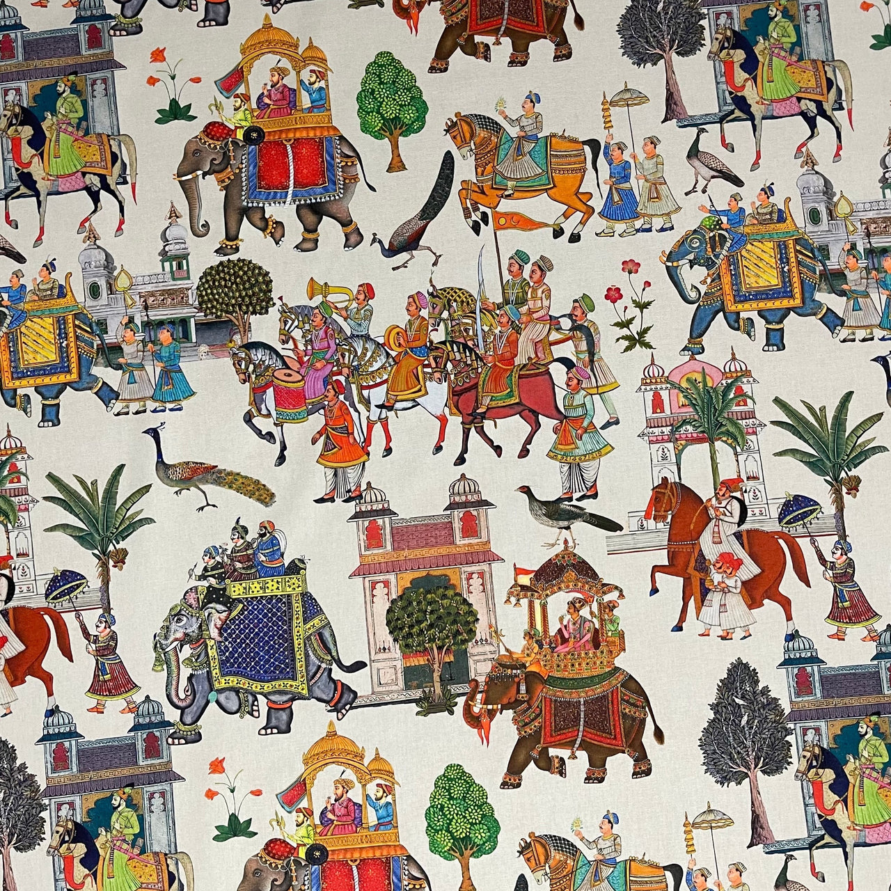 White Cotton Fabric with Elephants & Palms / Pattern Palatial Jaipur Dreams