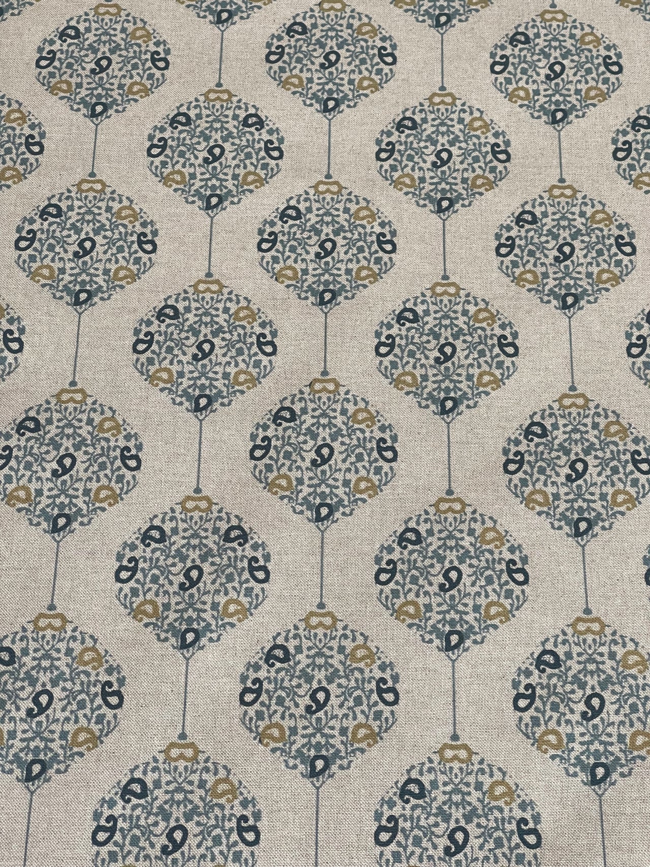 Savoy Medallion Home Decor Fabric – Linen Effect Cotton, Blue Gold Design – Upholstery, Cushions & Drapery