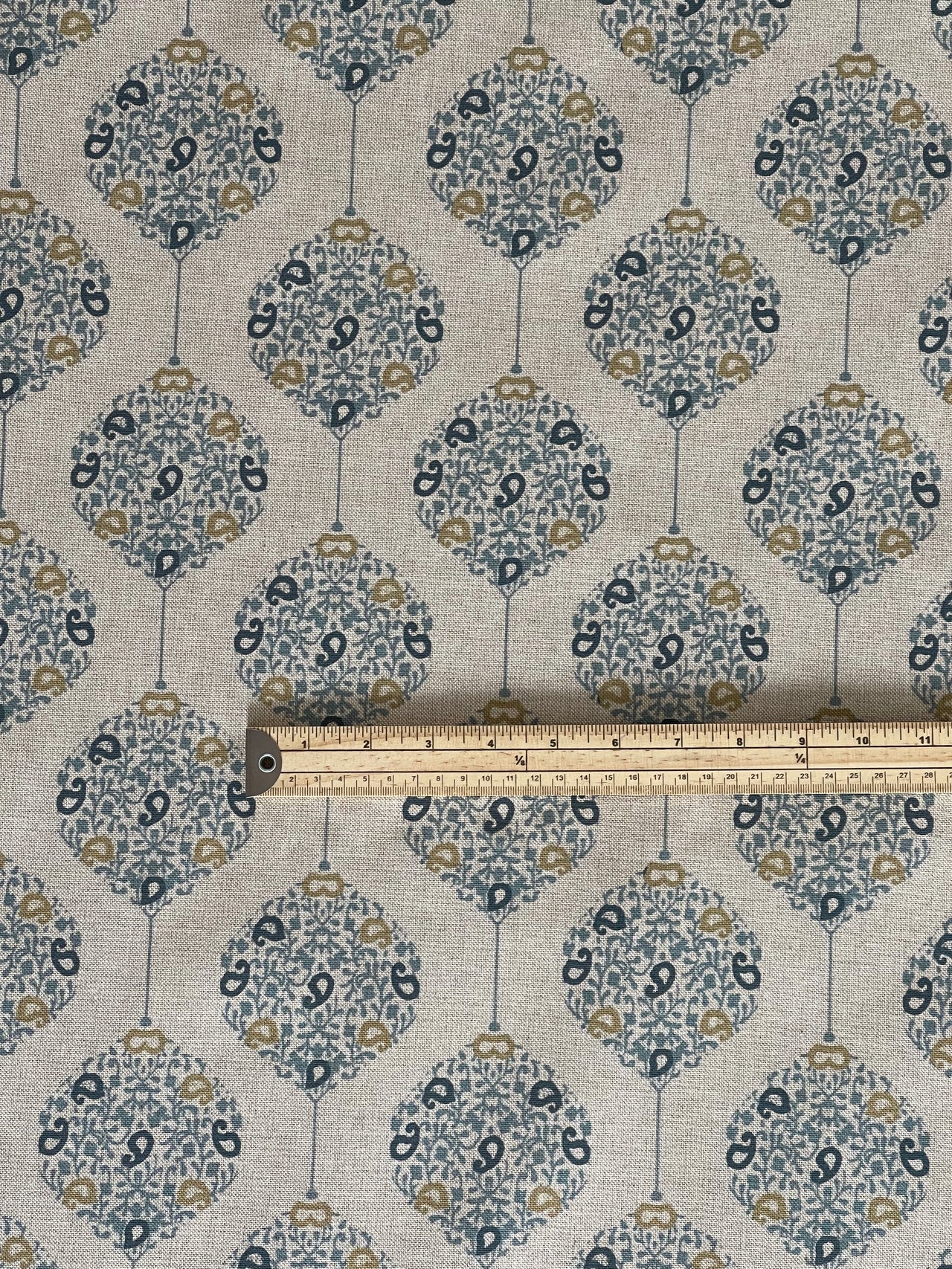 Savoy Medallion Home Decor Fabric – Linen Effect Cotton, Blue Gold Design – Upholstery, Cushions & Drapery