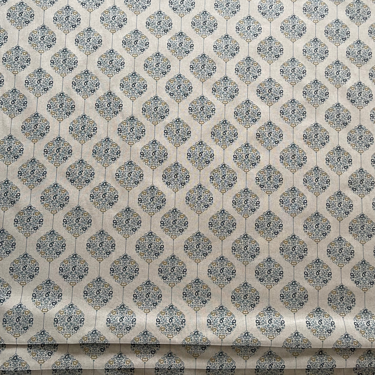 Savoy Medallion Home Decor Fabric – Linen Effect Cotton, Blue Gold Design – Upholstery, Cushions & Drapery