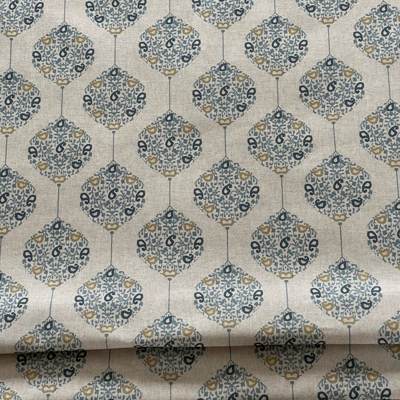 Savoy Medallion Home Decor Fabric – Linen Effect Cotton, Blue Gold Design – Upholstery, Cushions & Drapery