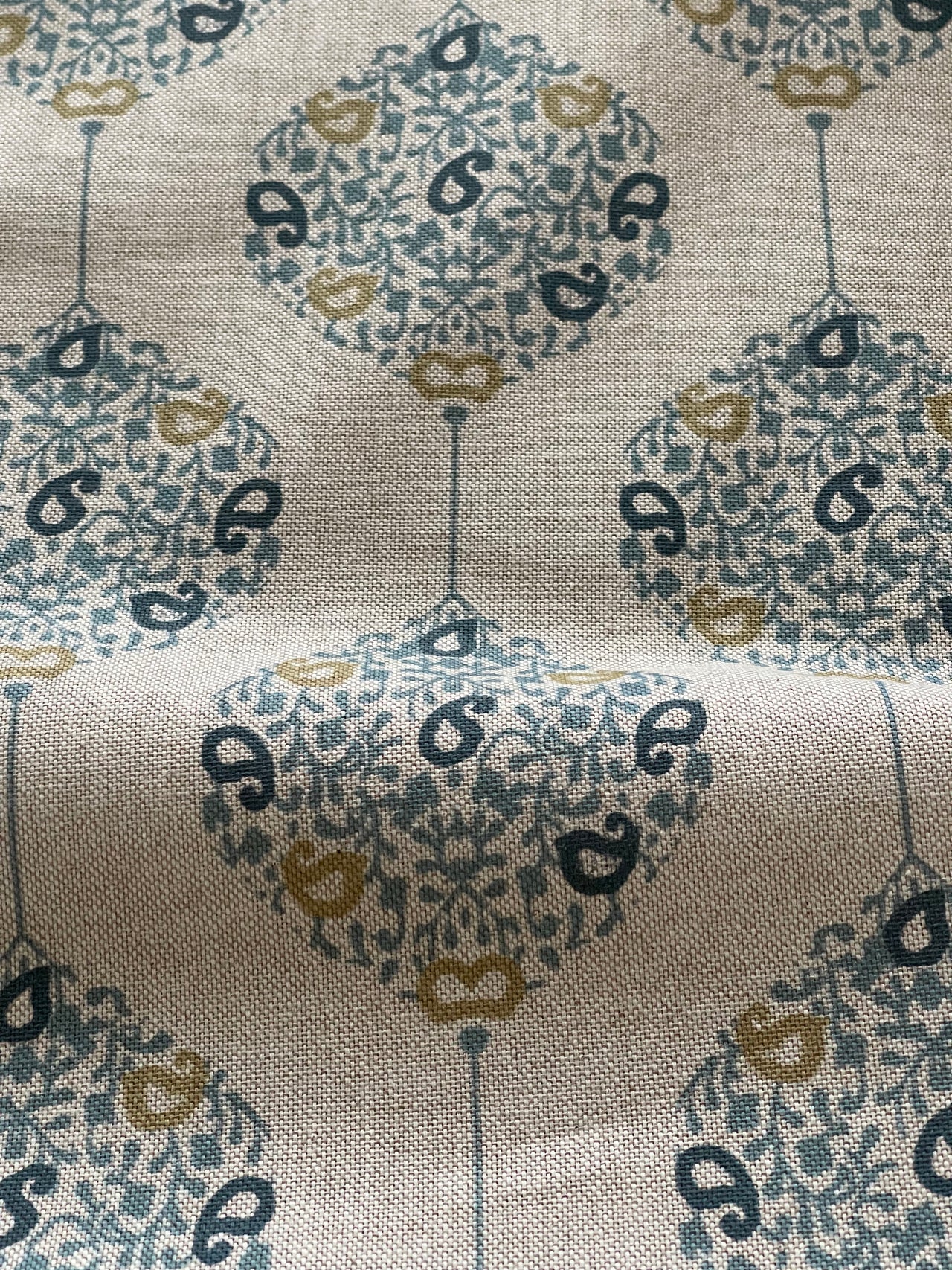 Savoy Medallion Home Decor Fabric – Linen Effect Cotton, Blue Gold Design – Upholstery, Cushions & Drapery