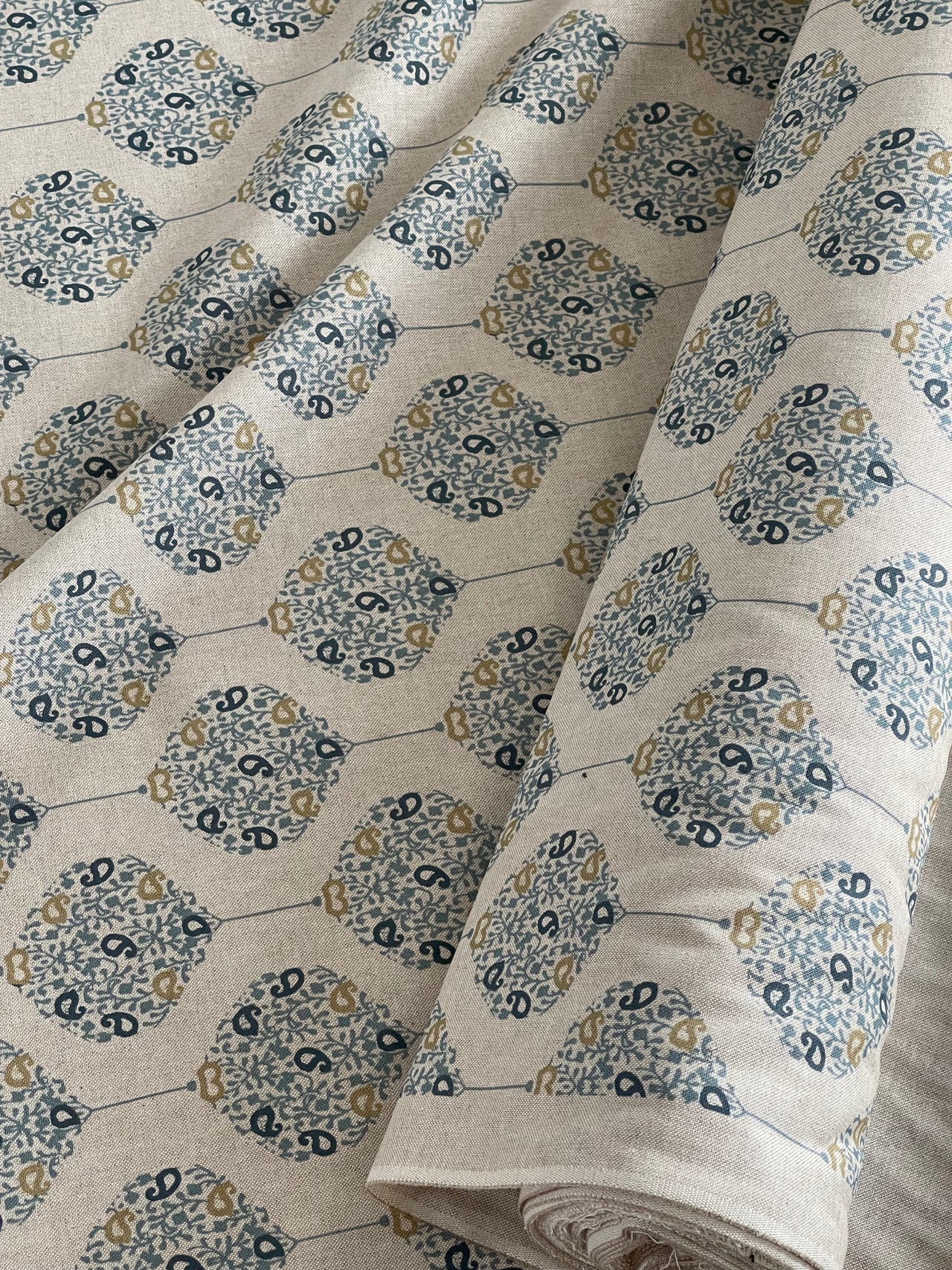 Savoy Medallion Home Decor Fabric – Linen Effect Cotton, Blue Gold Design – Upholstery, Cushions & Drapery