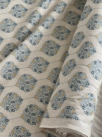 Thumbnail for Savoy Medallion Home Decor Fabric – Linen Effect Cotton, Blue Gold Design – Upholstery, Cushions & Drapery
