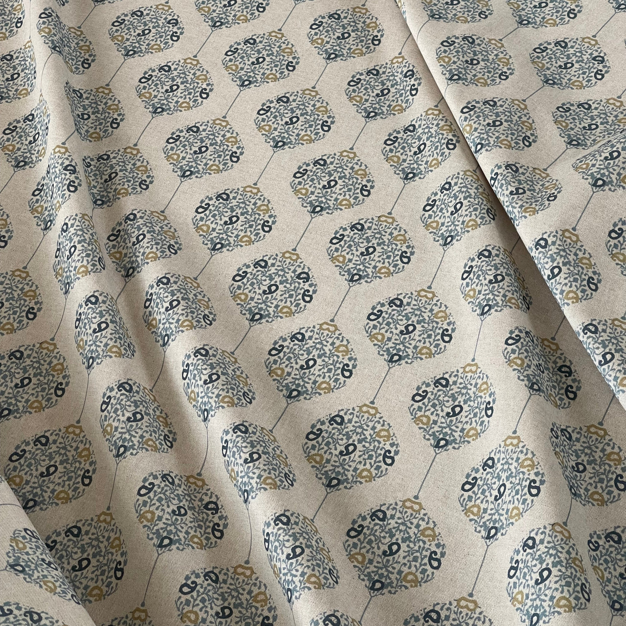 Savoy Medallion Home Decor Fabric – Linen Effect Cotton, Blue Gold Design – Upholstery, Cushions & Drapery