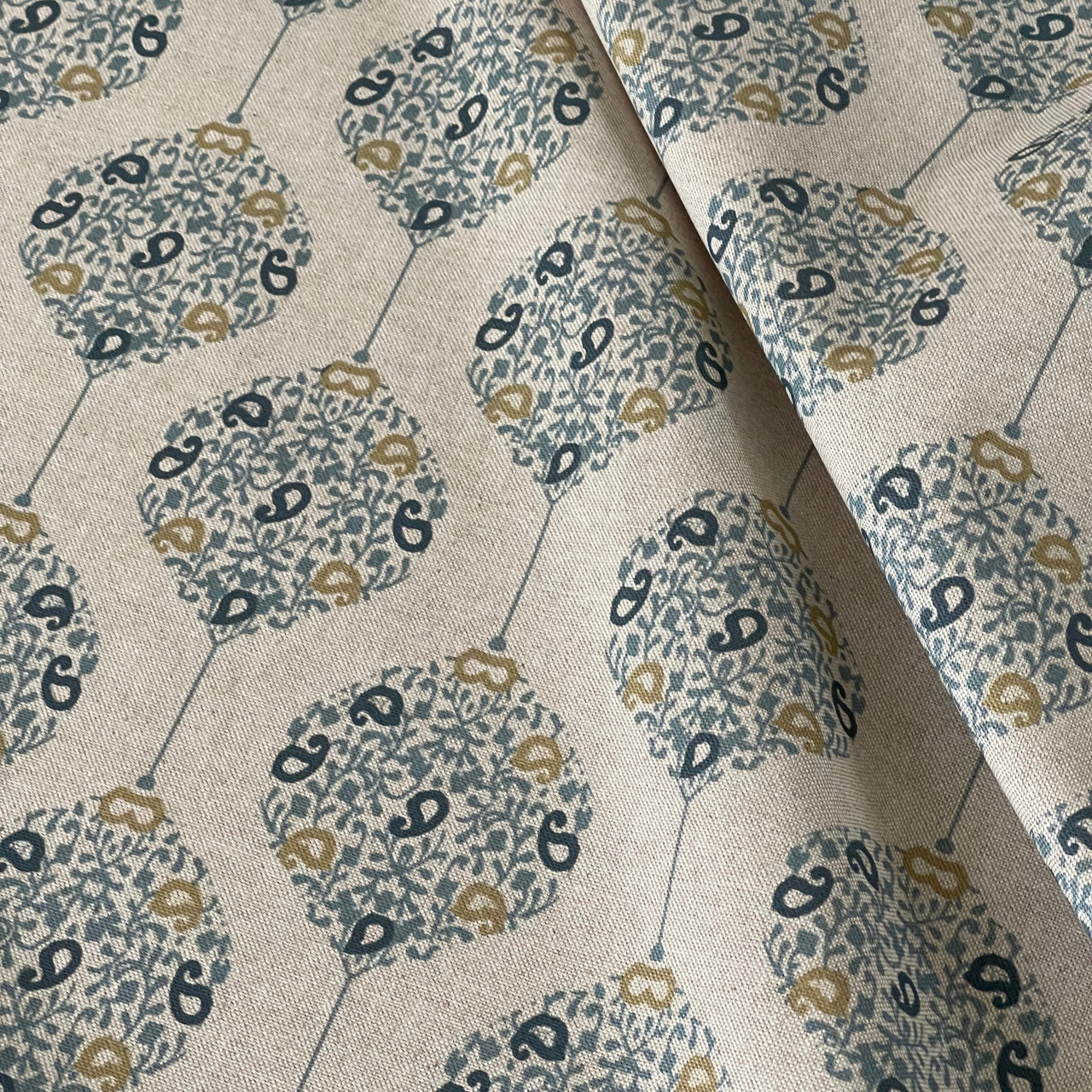 Savoy Medallion Home Decor Fabric – Linen Effect Cotton, Blue Gold Design – Upholstery, Cushions & Drapery