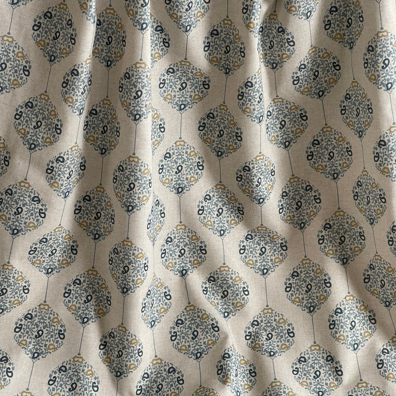Savoy Medallion Home Decor Fabric – Linen Effect Cotton, Blue Gold Design – Upholstery, Cushions & Drapery