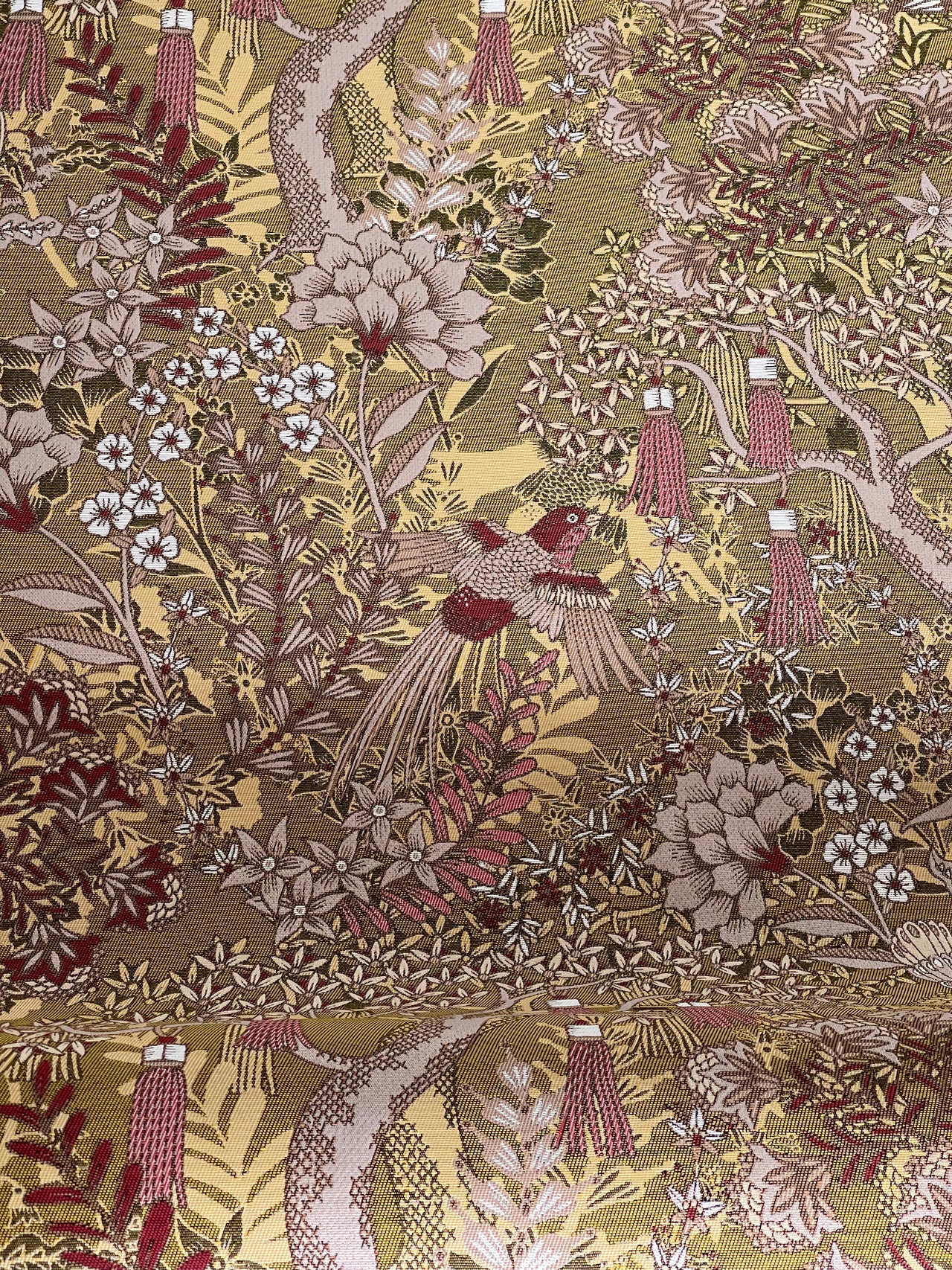 Golden Aviary Woven Upholstery Fabric – Botanical Birds in Gold and Burgundy – Home Decor Use