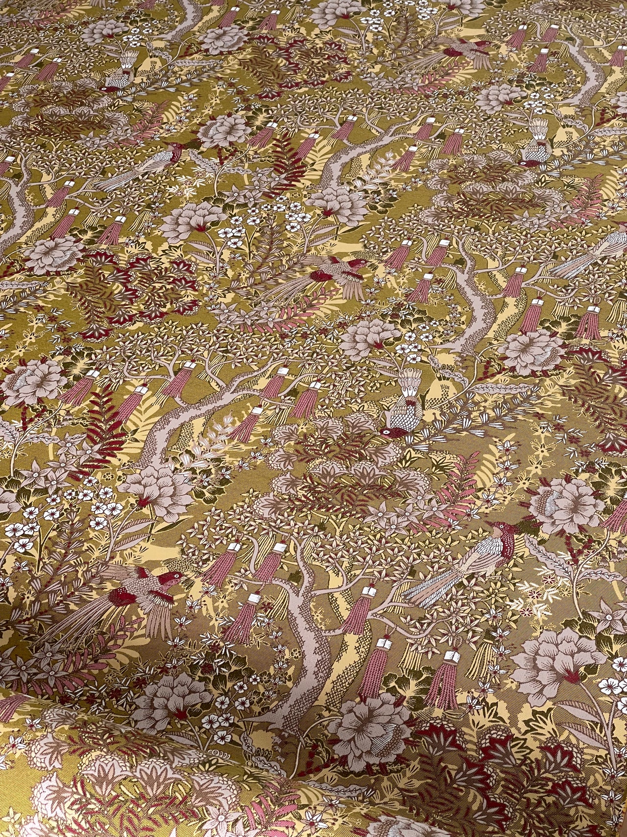 Golden Aviary Woven Upholstery Fabric – Botanical Birds in Gold and Burgundy – Home Decor Use