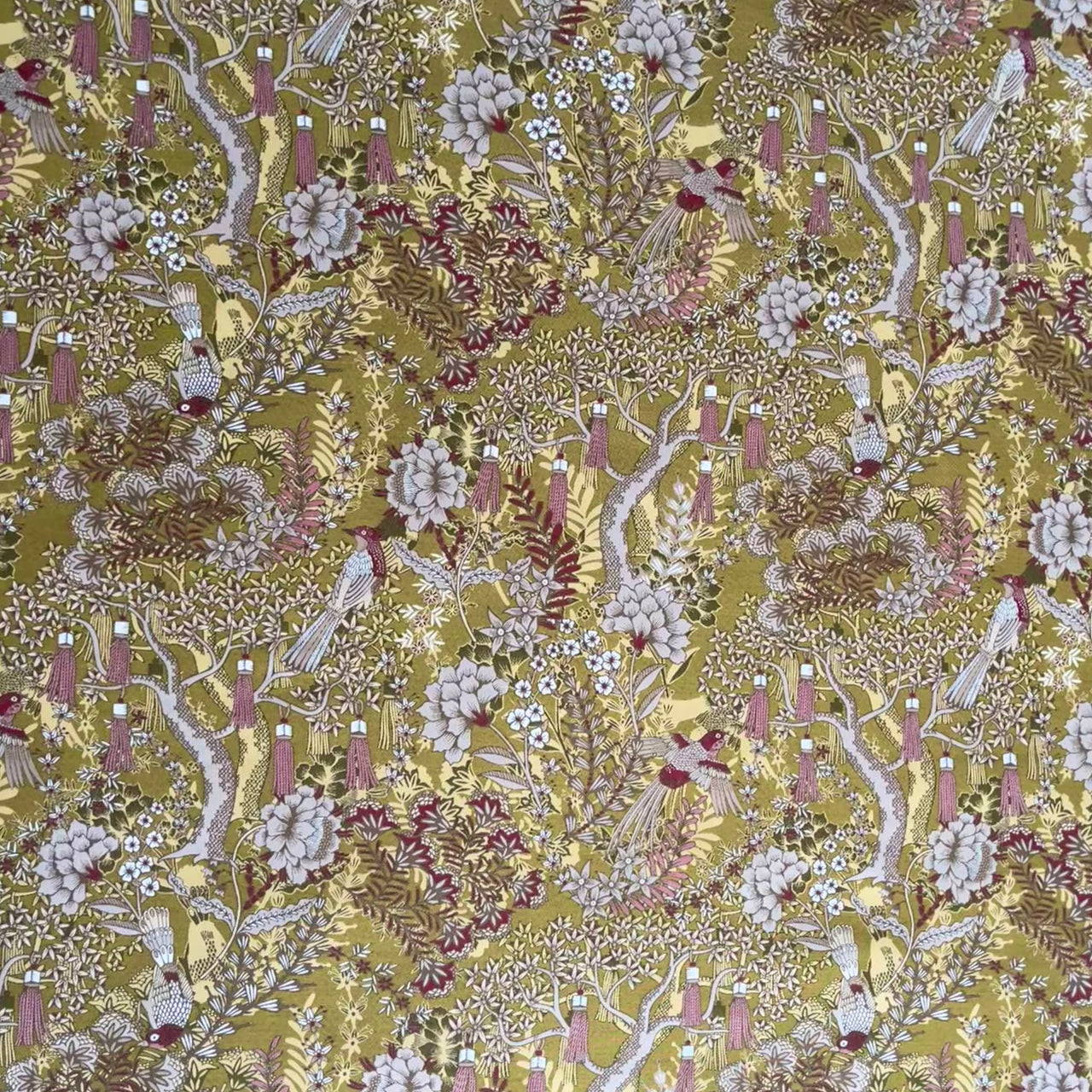 Golden Aviary Woven Upholstery Fabric – Botanical Birds in Gold and Burgundy – Home Decor Use