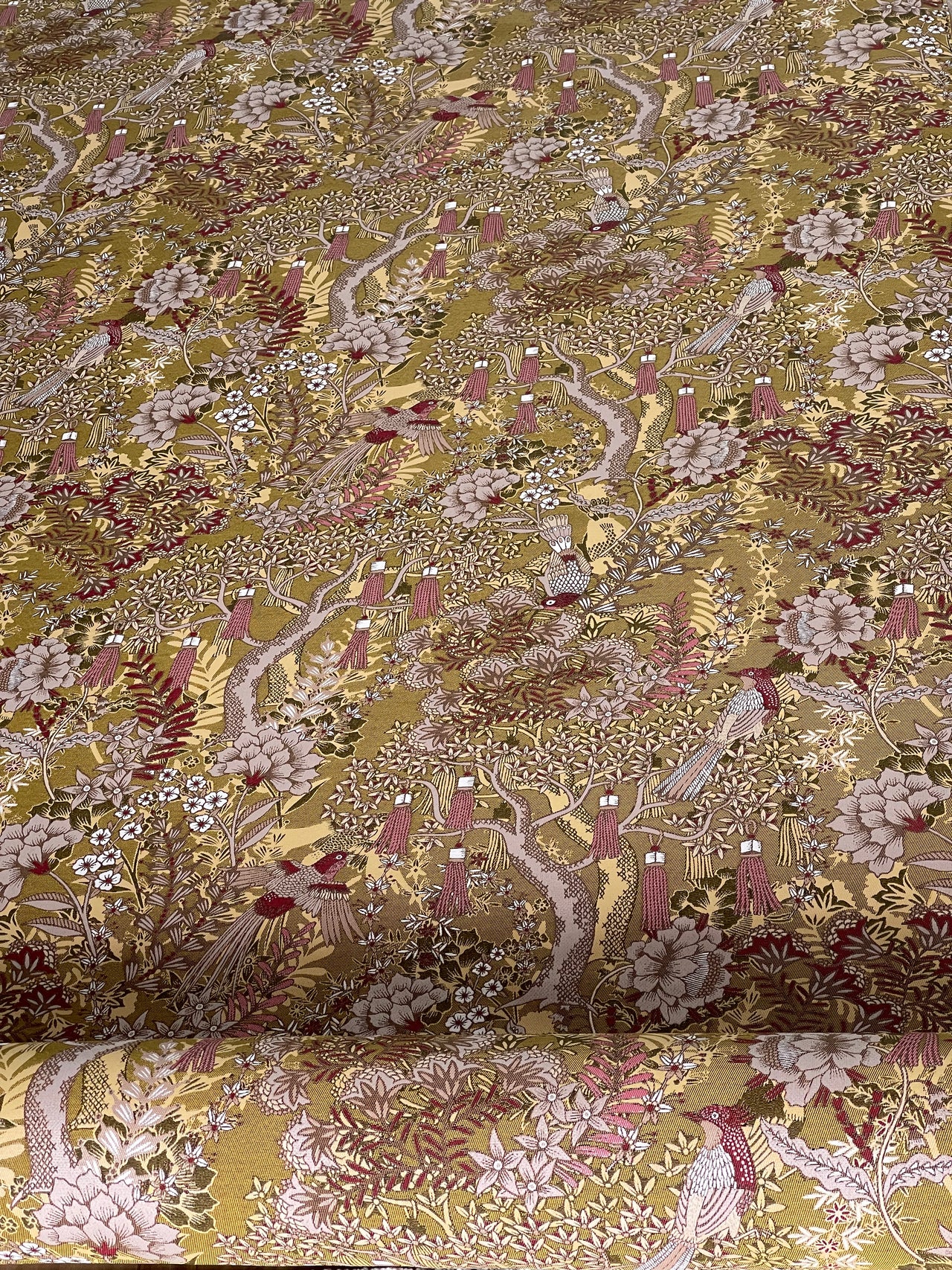 Golden Aviary Woven Upholstery Fabric – Botanical Birds in Gold and Burgundy – Home Decor Use
