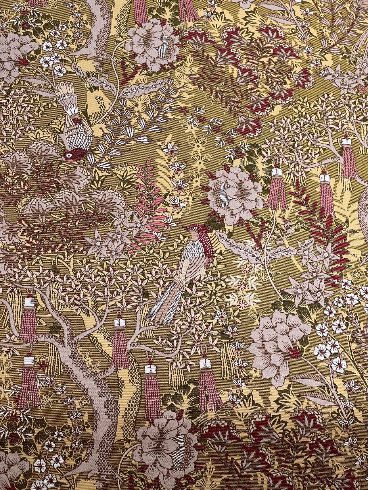 Golden Aviary Woven Upholstery Fabric – Botanical Birds in Gold and Burgundy – Home Decor Use
