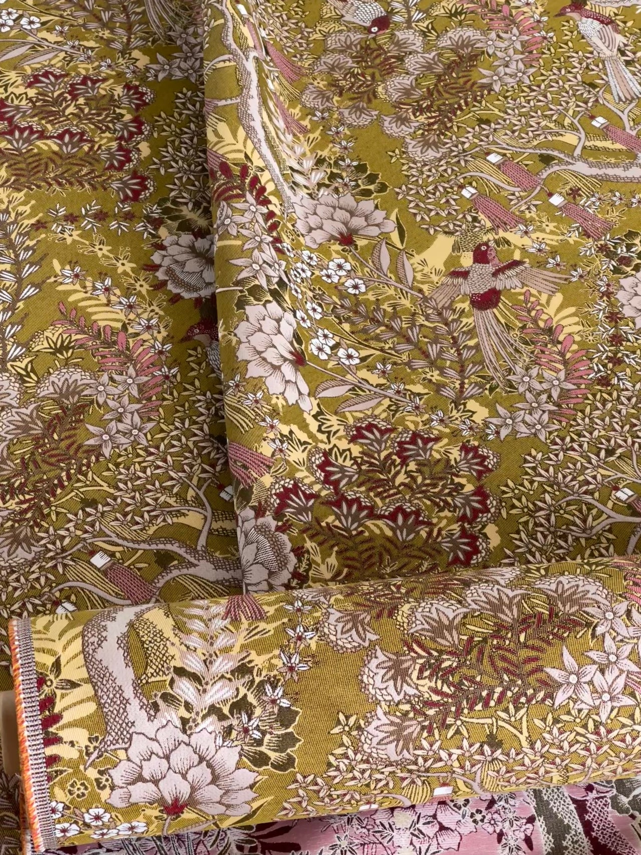 Golden Aviary Woven Upholstery Fabric – Botanical Birds in Gold and Burgundy – Home Decor Use