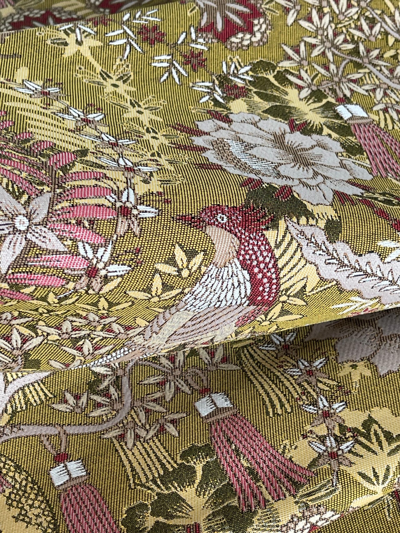 Golden Aviary Woven Upholstery Fabric – Botanical Birds in Gold and Burgundy – Home Decor Use
