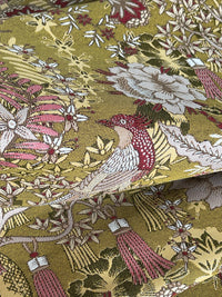 Thumbnail for Golden Aviary Woven Upholstery Fabric – Botanical Birds in Gold and Burgundy – Home Decor Use