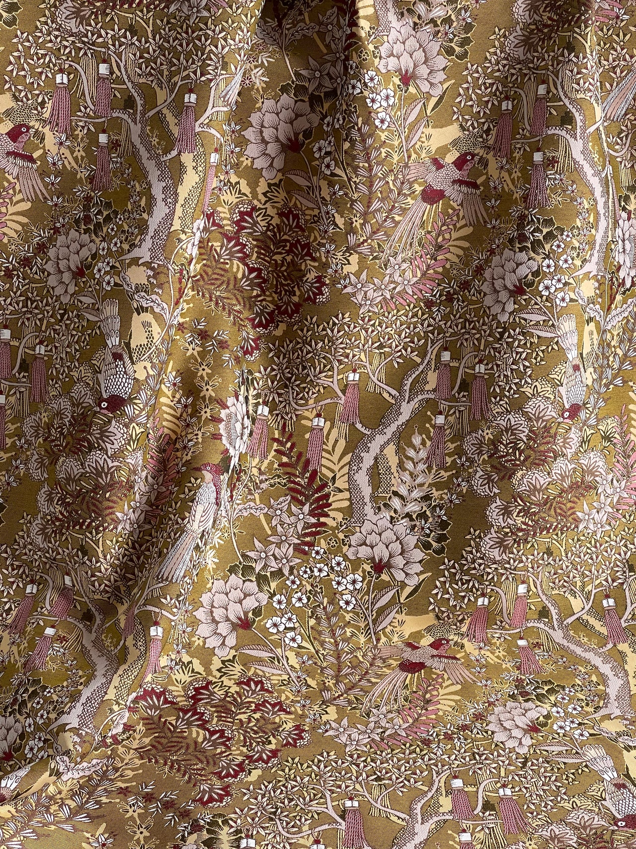 Golden Aviary Woven Upholstery Fabric – Botanical Birds in Gold and Burgundy – Home Decor Use