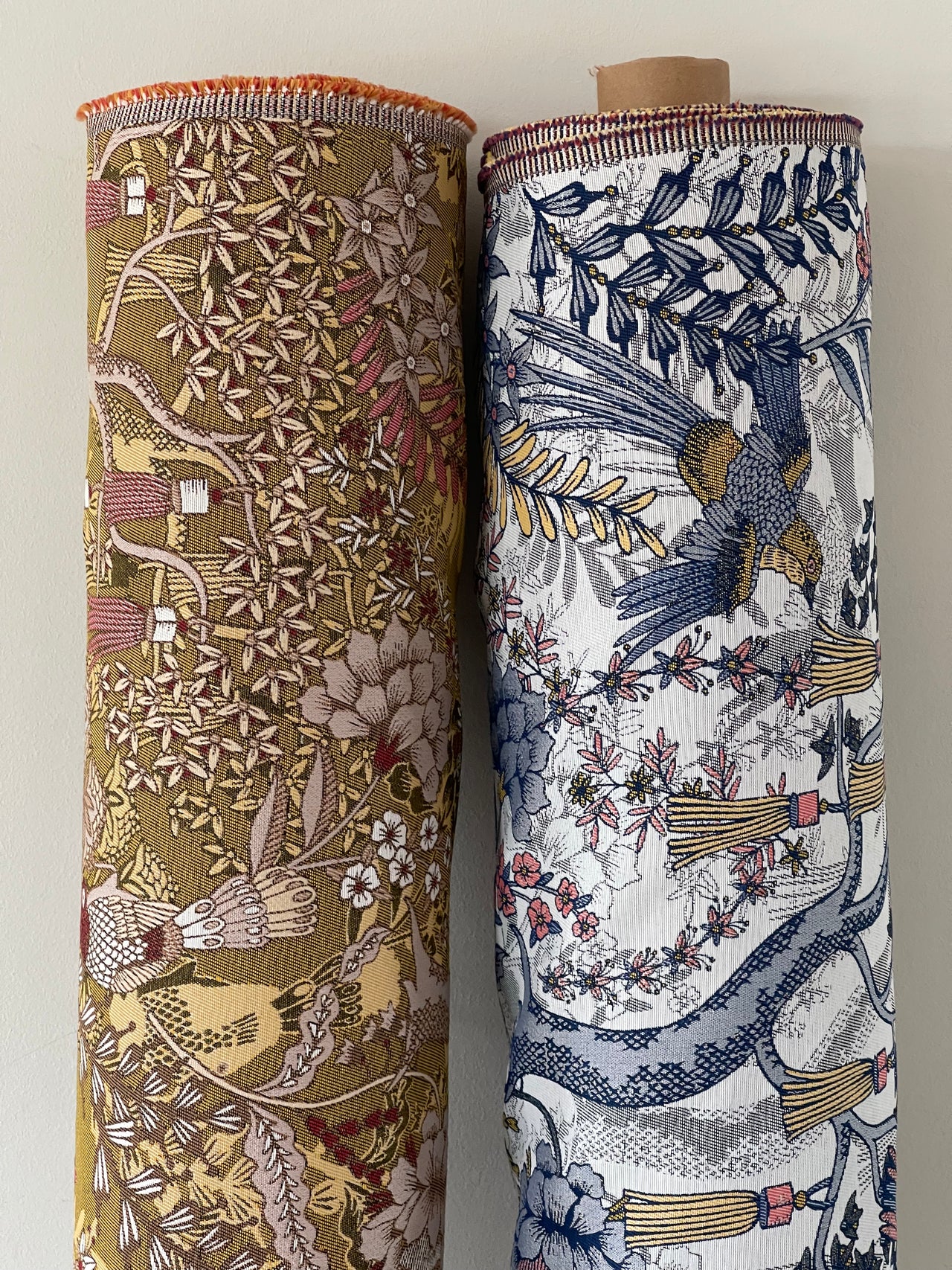 Golden Aviary Woven Upholstery Fabric – Botanical Birds in Gold and Burgundy – Home Decor Use