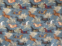 Thumbnail for Arabian Horses Blue Cotton Fabric - By Meter