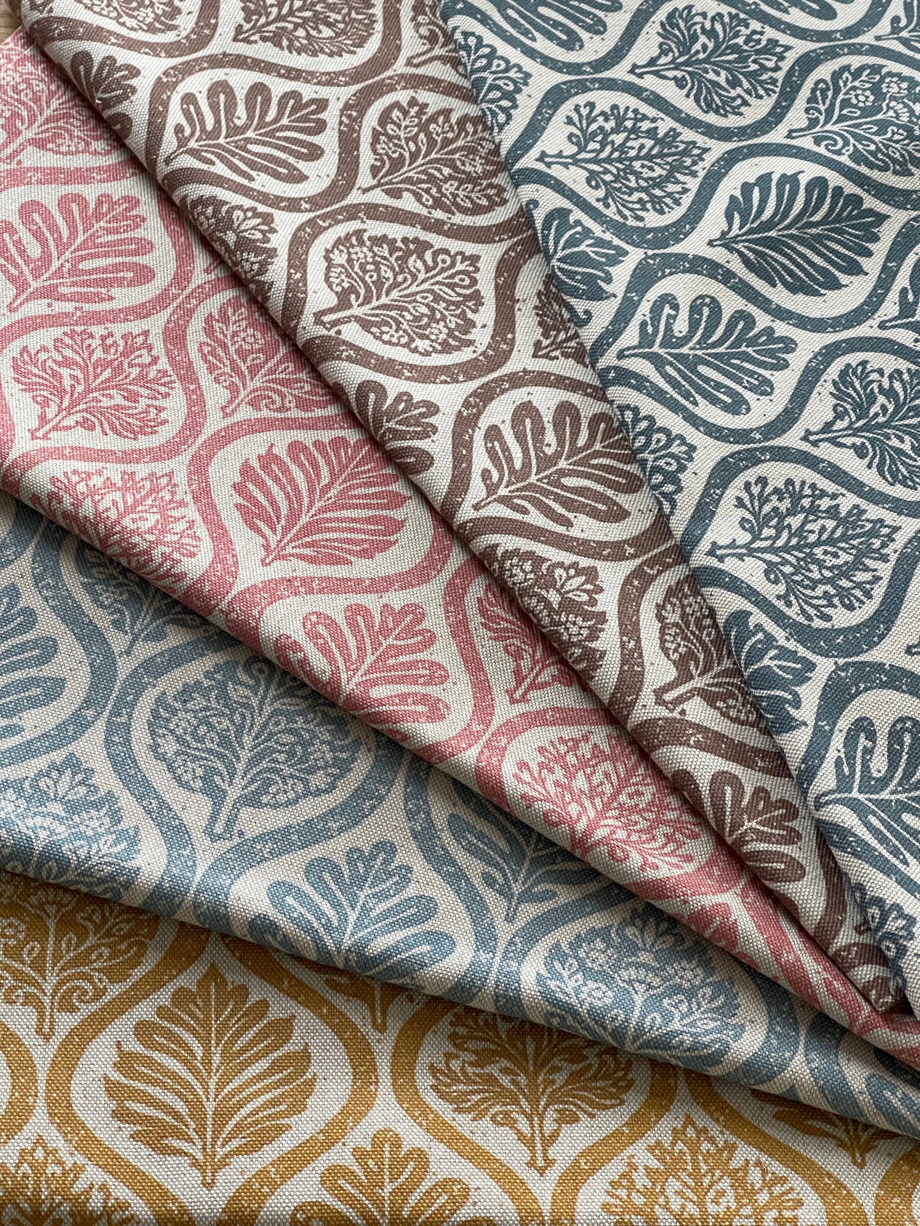 Botanical ogee fabric collection in mustard, blue, taupe and dusty rose for curtains, cushions and upholstery