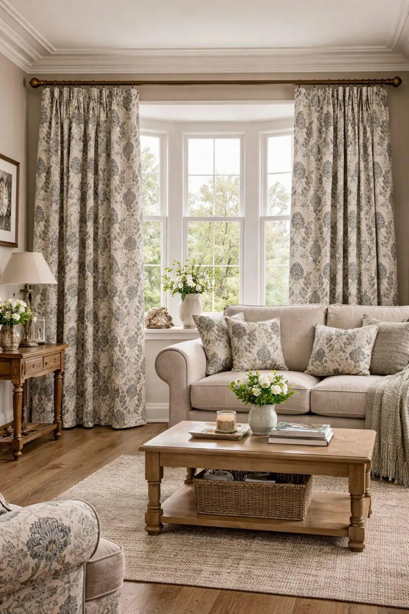 Elegant living room with patterned curtains showing how fabric choice transforms window styling