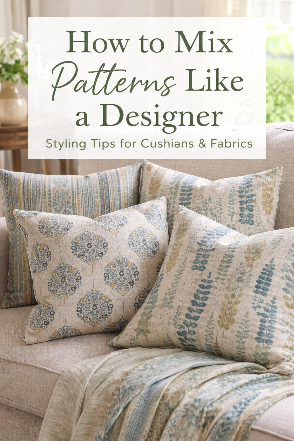 How to mix patterned fabrics in a modern country living room with linen-look cushions