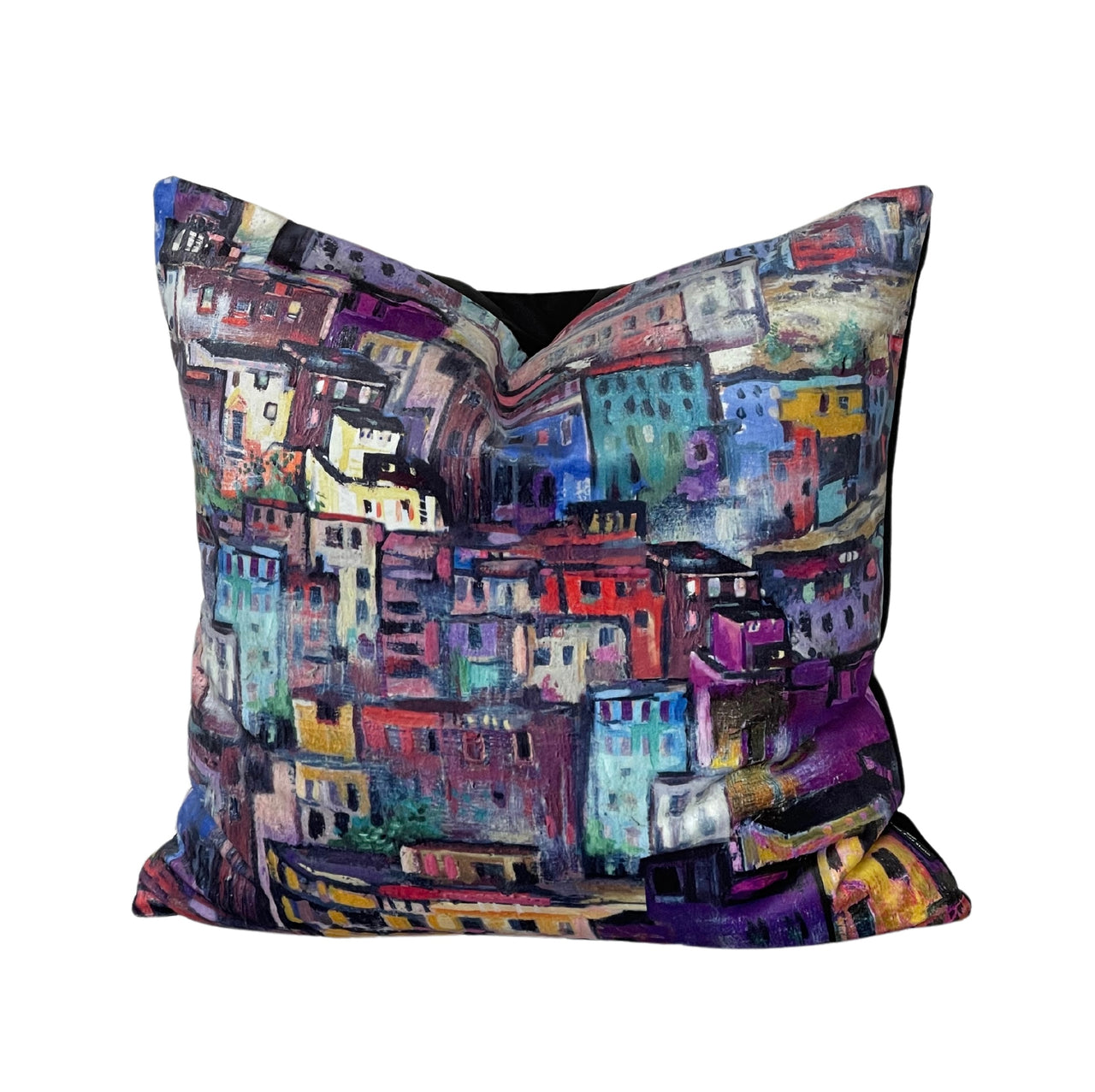 Positano Night Velvet Cushion – Colorful Houses, Coastal Village Scene, Luxury Home Decor