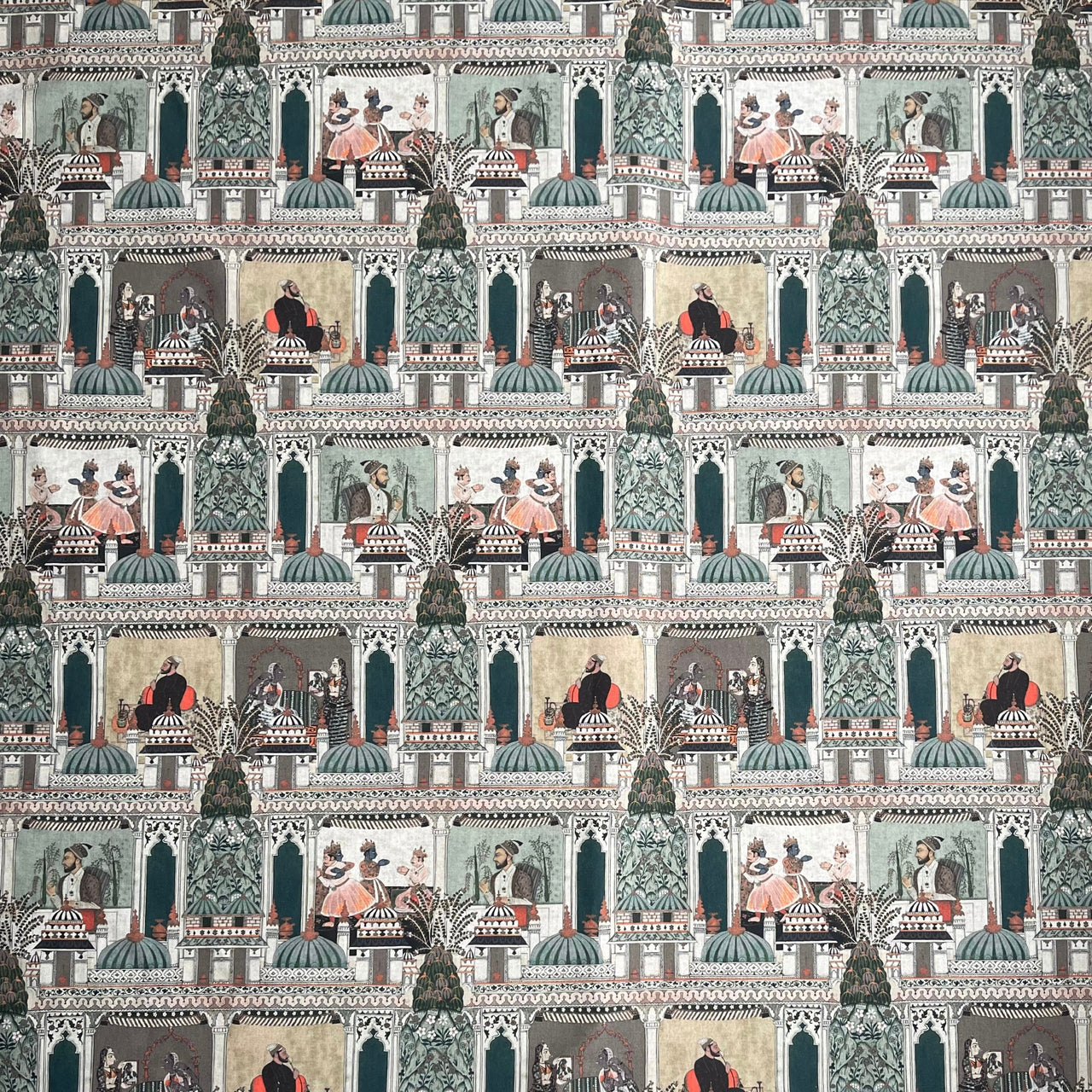 Raj Mahal Fabric - Organic Cotton with Indian Gods, Pagodas and Floral Motifs for Home Décor