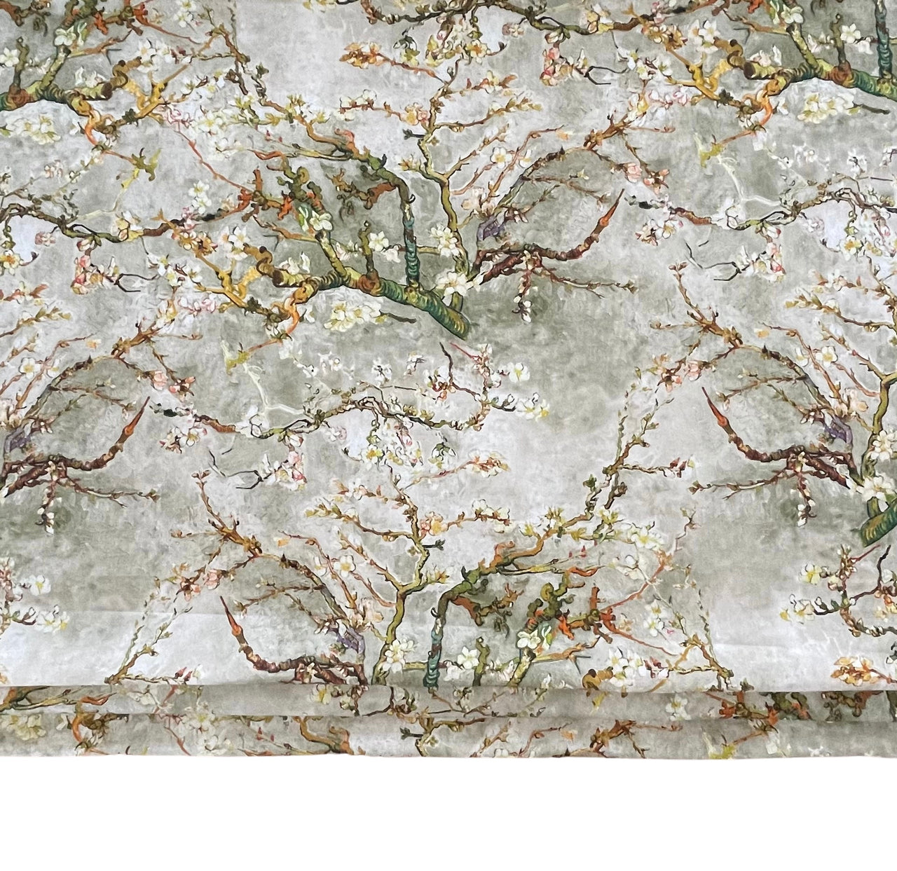 Almond Blossoms Cotton Fabric – Van Gogh Painting in Grey, Green & Yellow Tone - Cherry Blooms Design