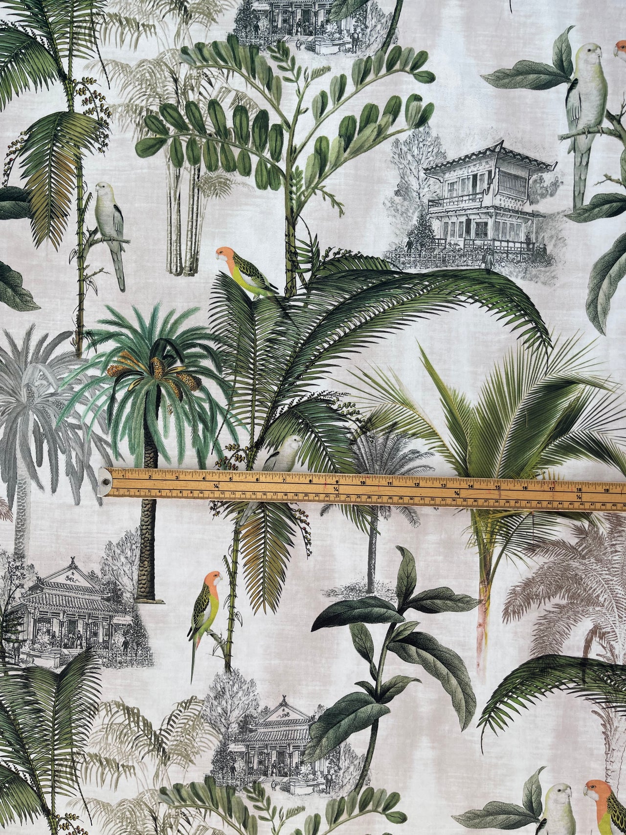 Exquisite Vintage Pagoda Parrots Velvet: Tropical Tree Greenery – Sold by the Meter
