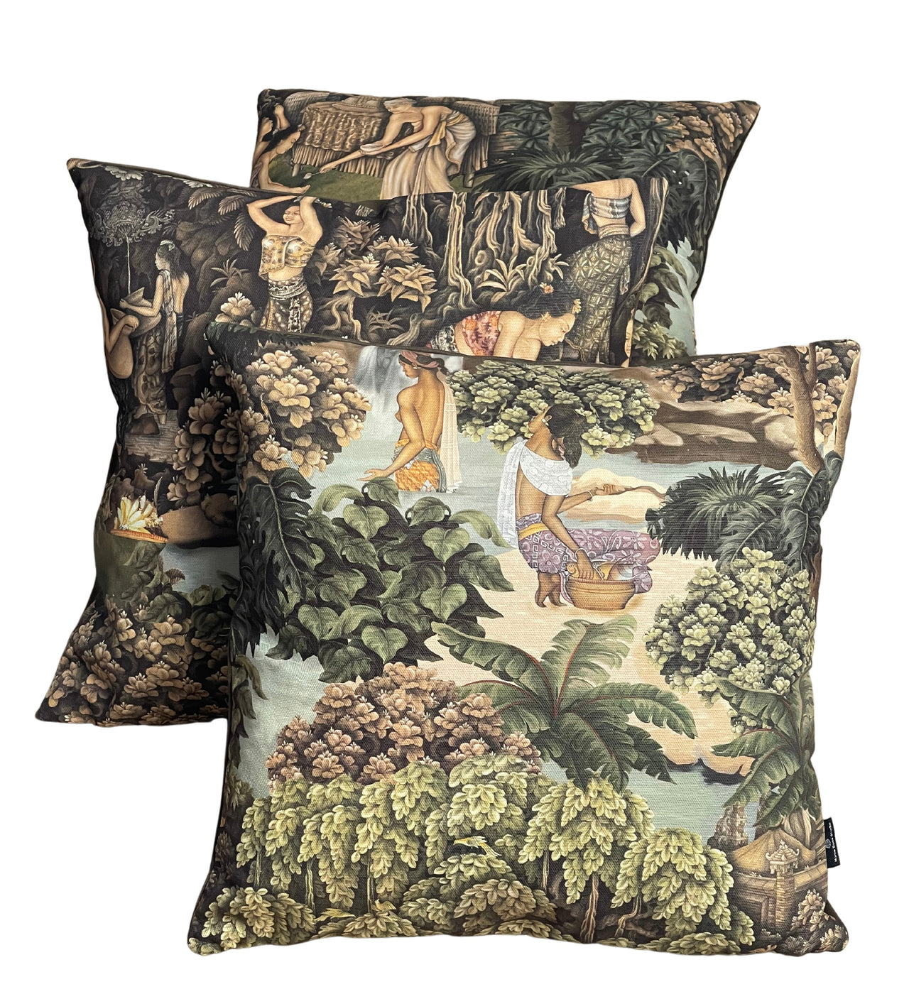 Glimpses of Paradise / Botanical Cushion Cover / Thailand's Exotic Forest Waterfalls and Fruit Gatherers