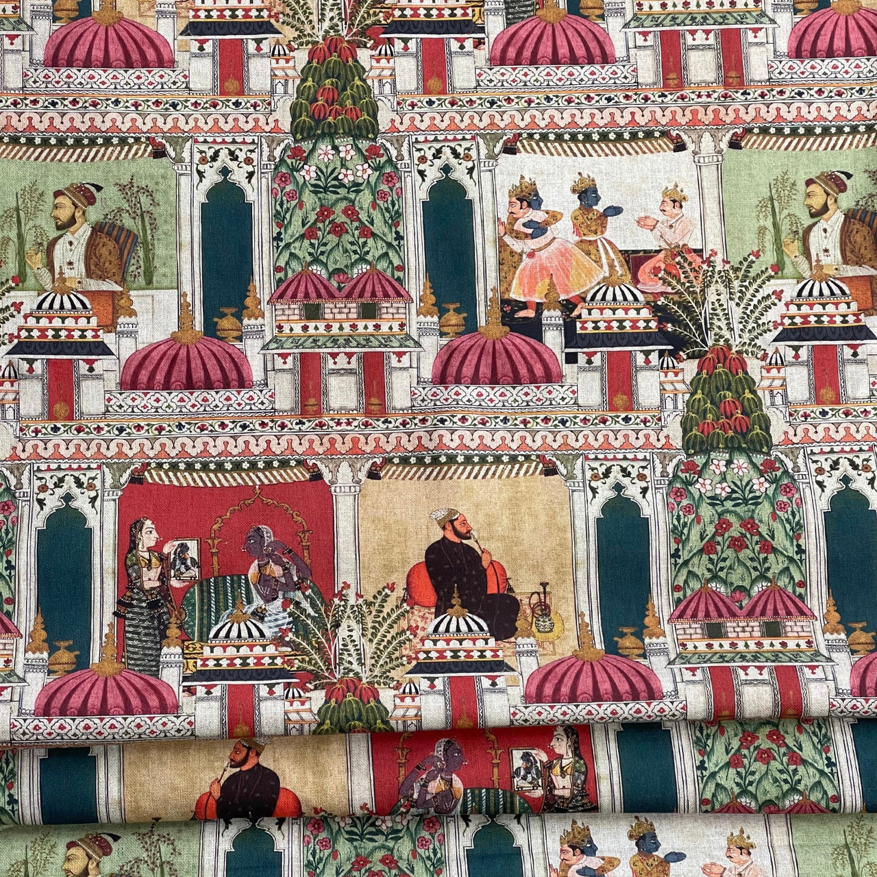 Raj Mahal Tapestry Fabric - Organic Cotton, Emerald with Indian Gods, Pagodas & Floral Motifs for Home Décor