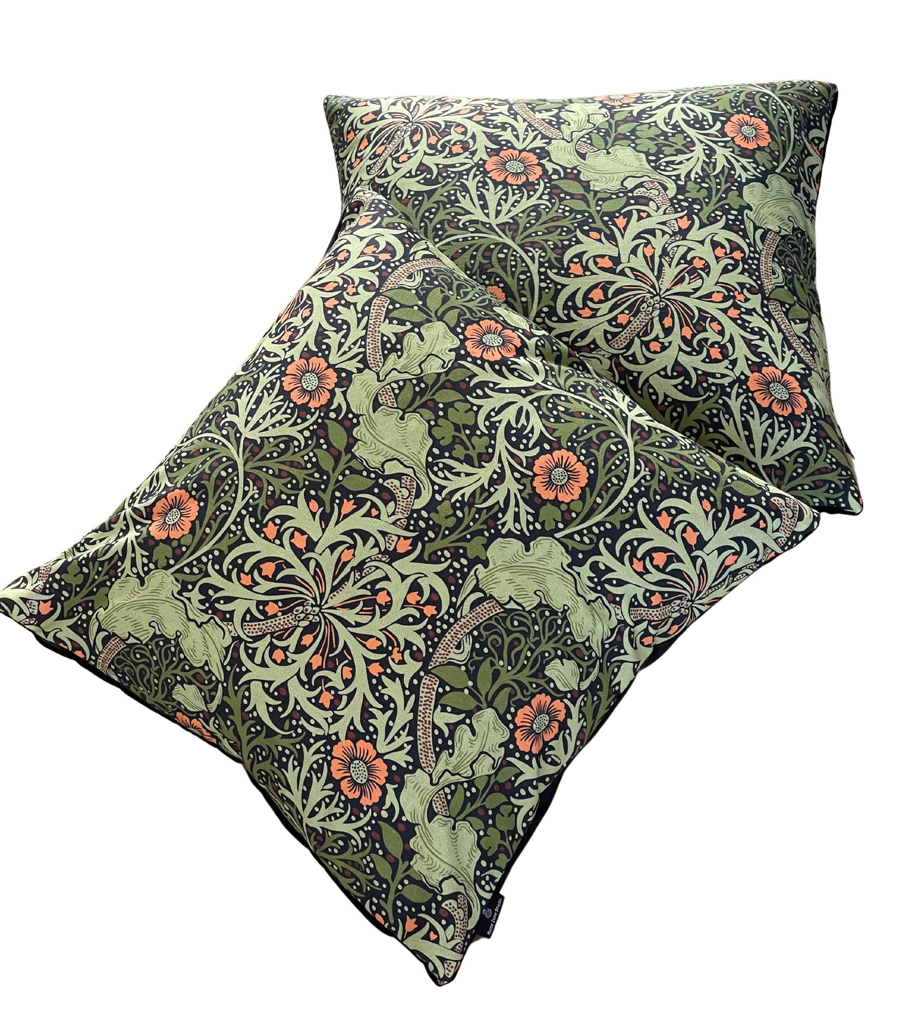 William Morris Cushion Cover Green Seaweed Floral Vintage Design with Orange Flowers Home Decor