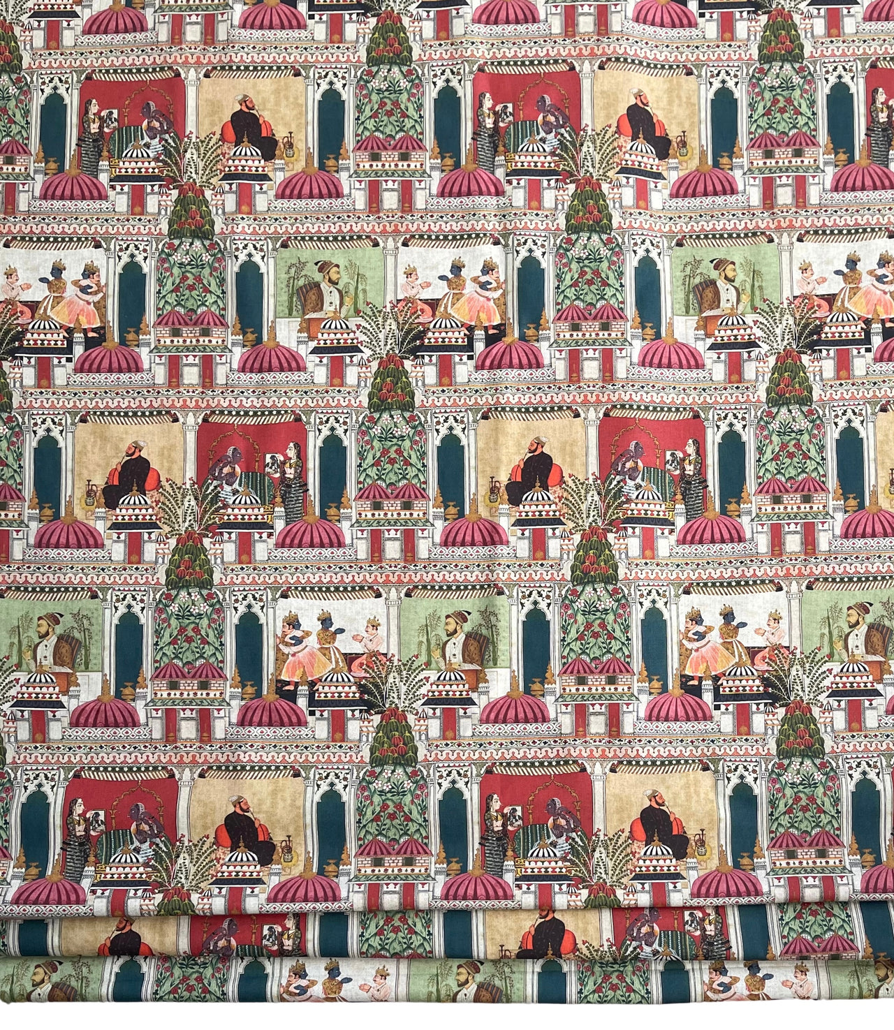 Raj Mahal Fabric - Organic Cotton, Emerald with Indian Gods, Pagodas & Floral Motifs for Home Décor