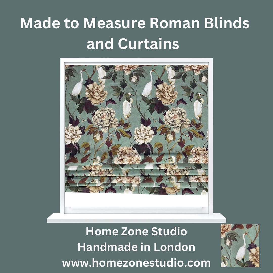 Custom-Made to Measure Roman Blinds - Vintage Zen Pattern on Green Cotton Fabric with Botanical Print Featuring Birds, Flowers, and Insects