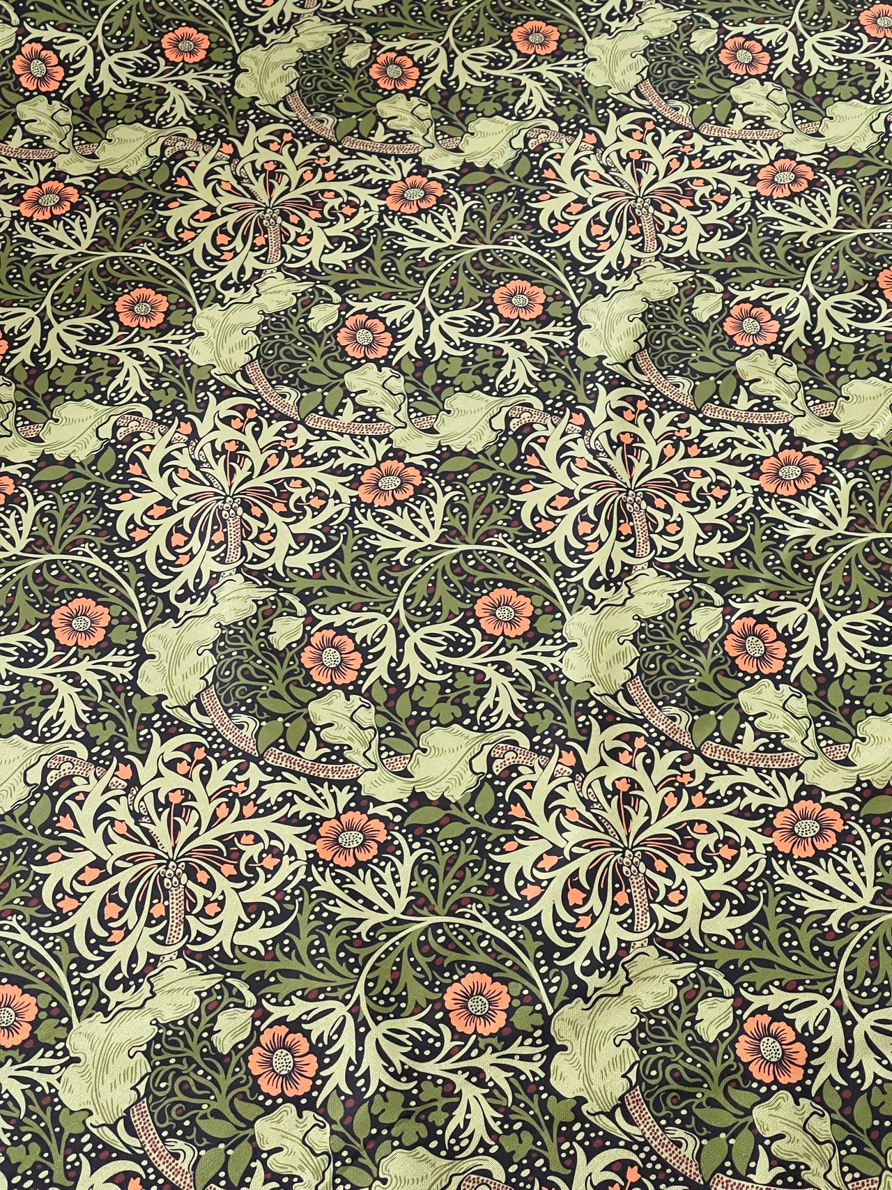 William Morris Seaweed Printed Cotton Fabric - Green and Orange - Sold by the Meter