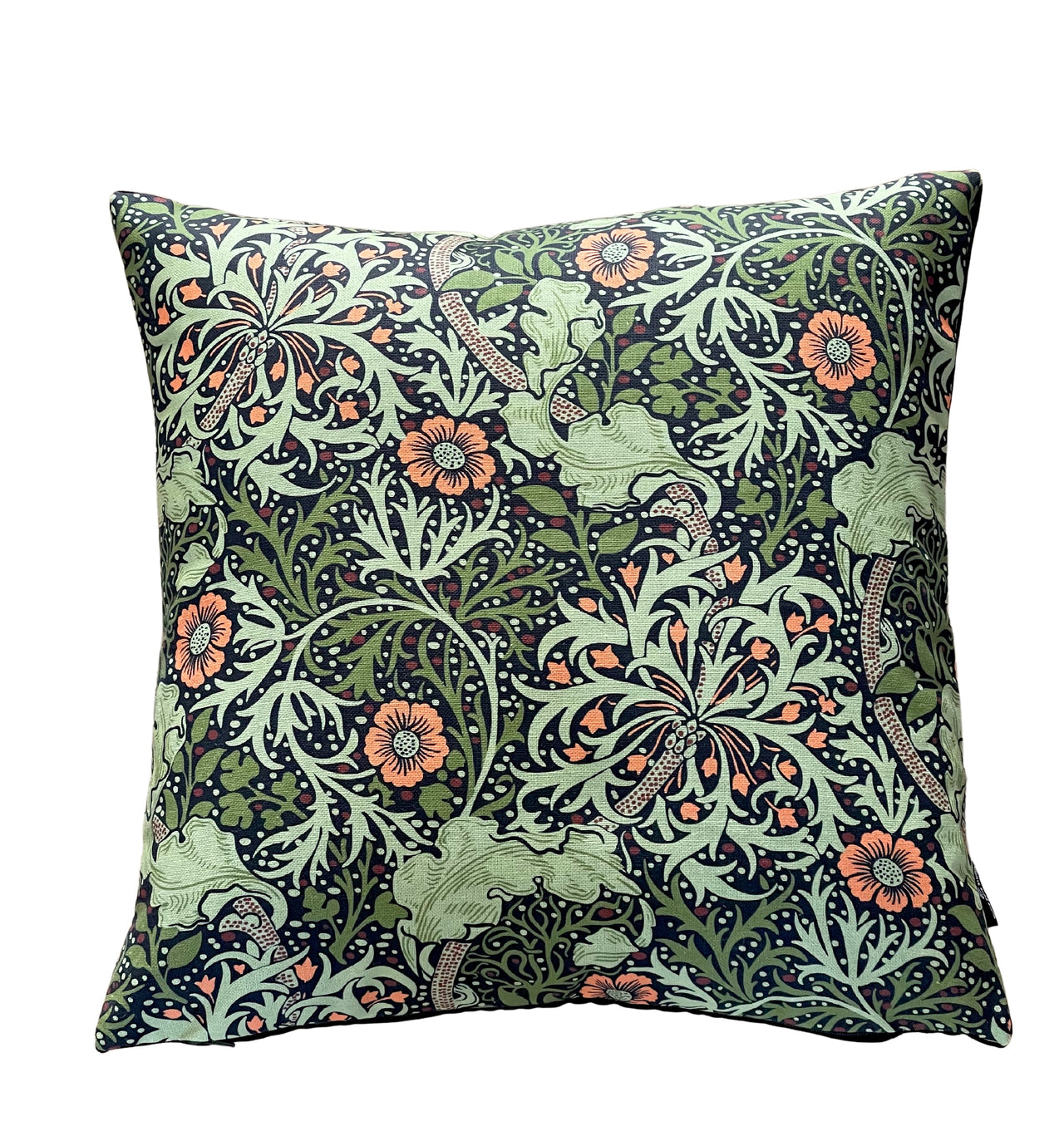 William Morris Cushion Cover Green Seaweed Floral Vintage Design with Orange Flowers Home Decor