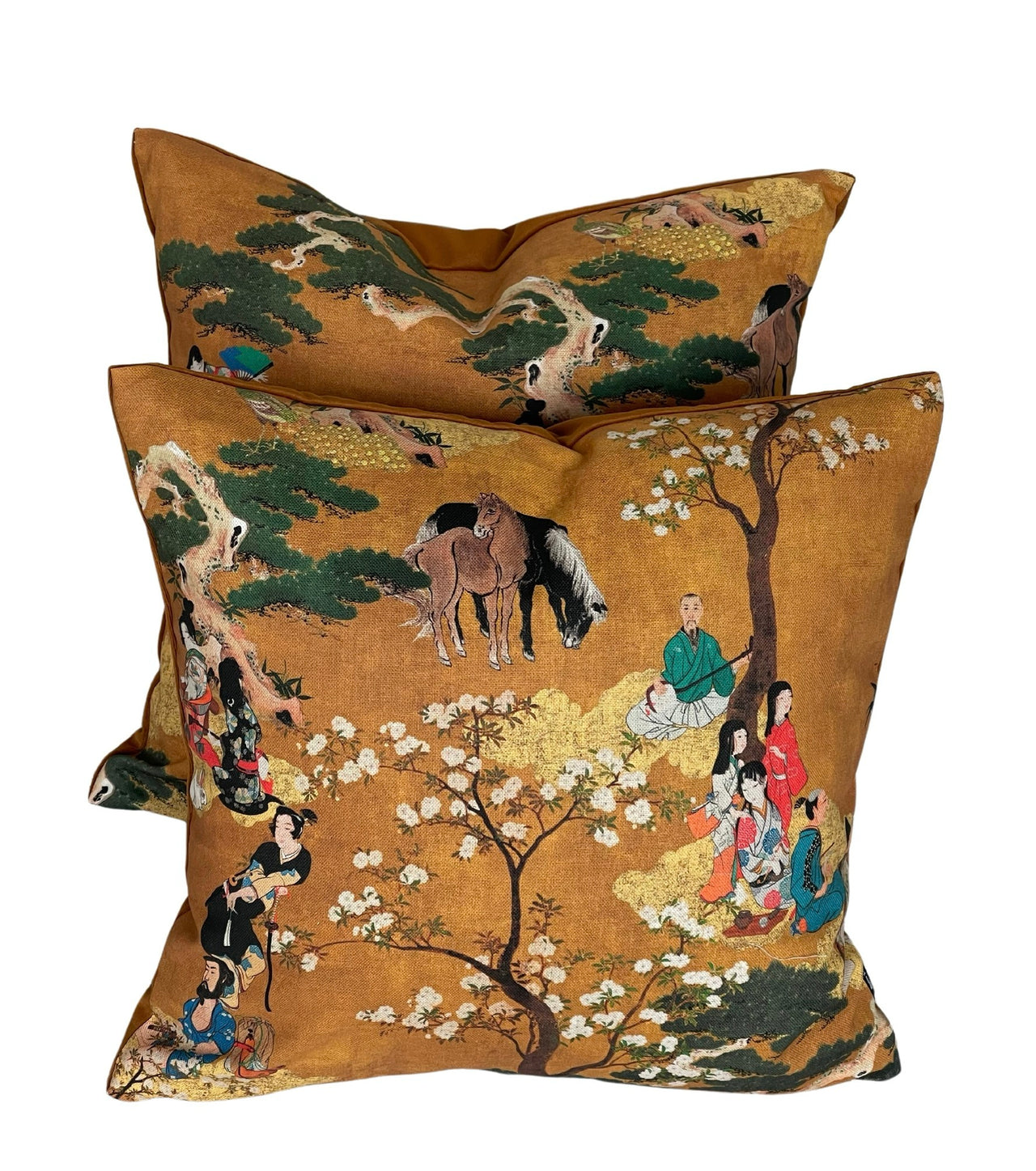 Oriental Cushion Cover – Geisha & Samurai in Mustard Yellow Cotton, Cherry Blossom Design