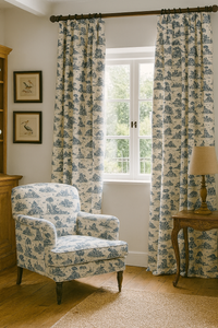 Thumbnail for Toile de Jouy Fabric – Classic Blue Countryside Scene with Shepherds, Birds & Trees for Home Decor and Drapery