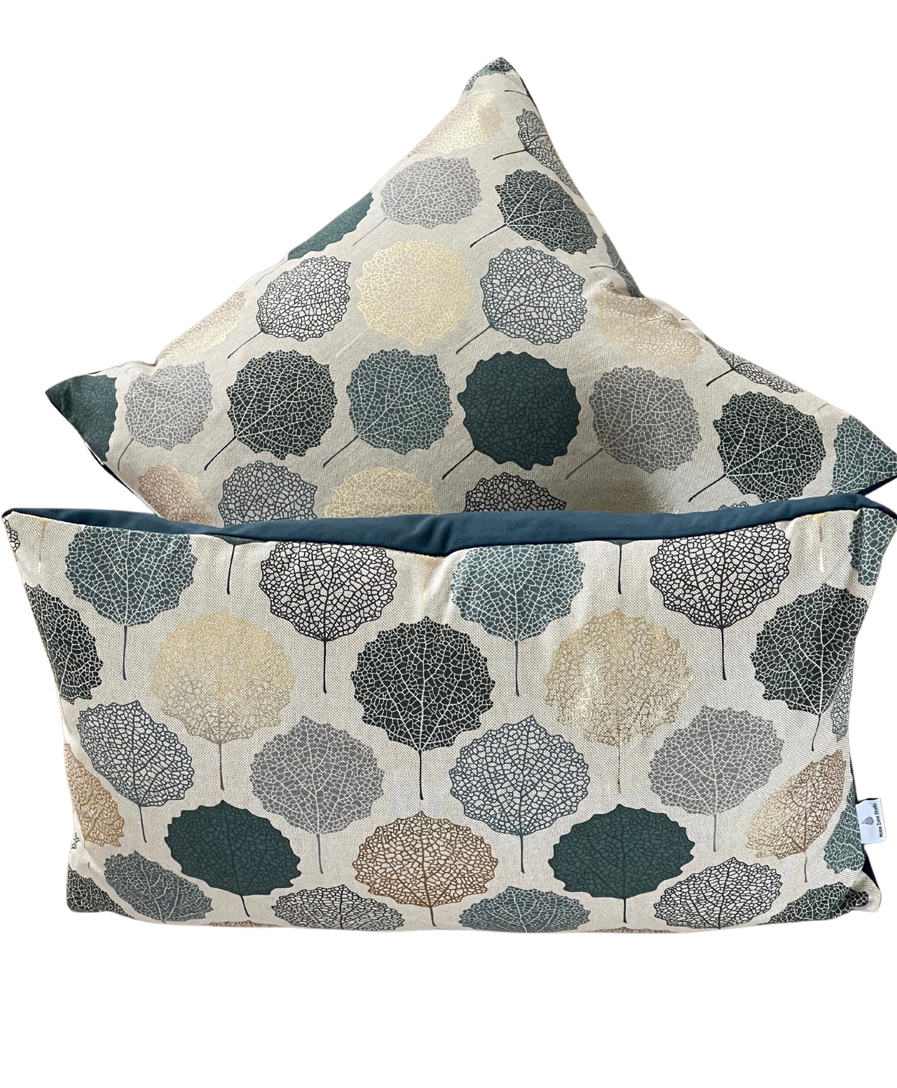 Teal Gold Grey Veins Leaf Cushion Cover - Nature-Inspired Scandi Geometric Pattern